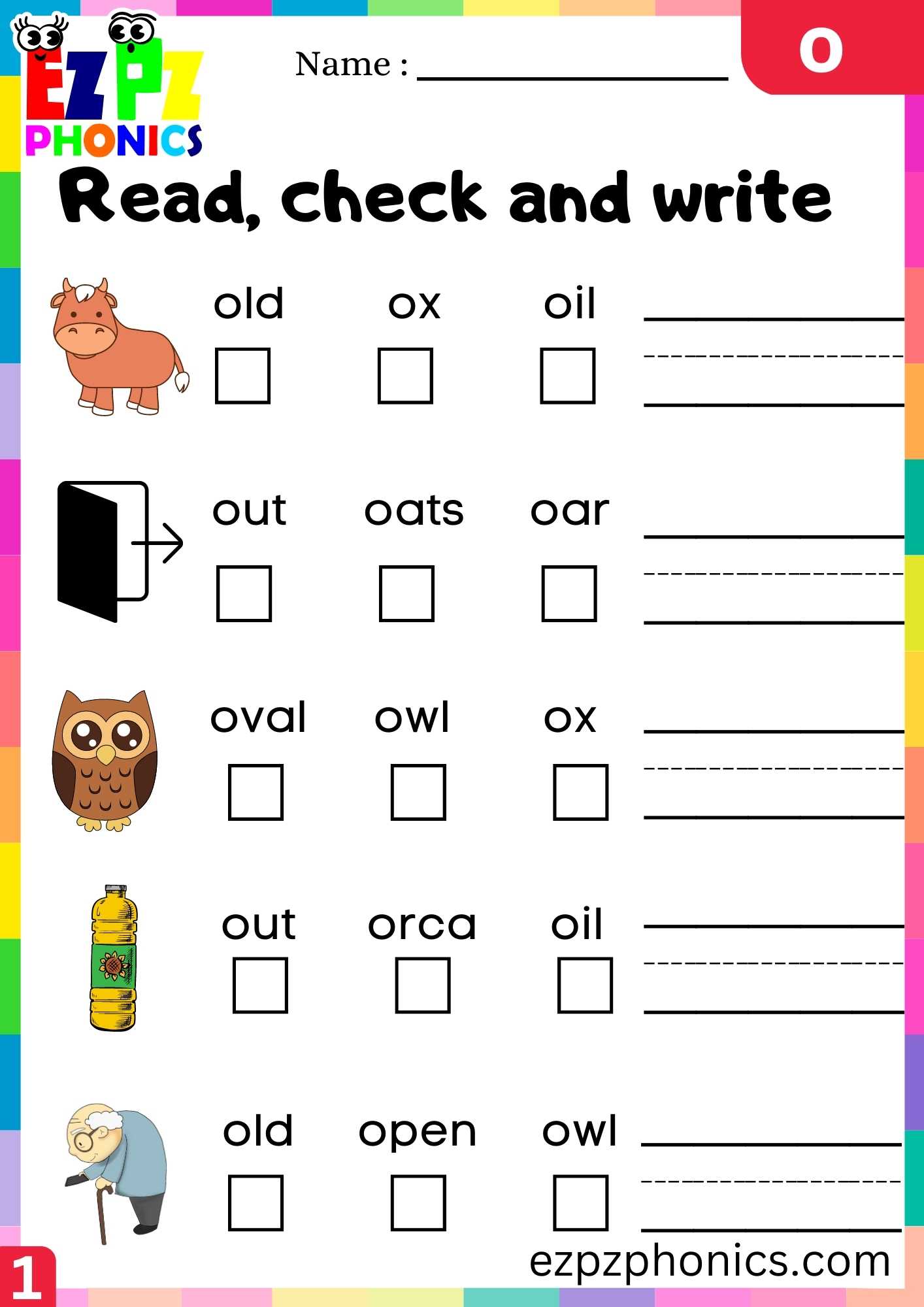 Letter O Read, Check And Write Beginning Sounds Worksheet